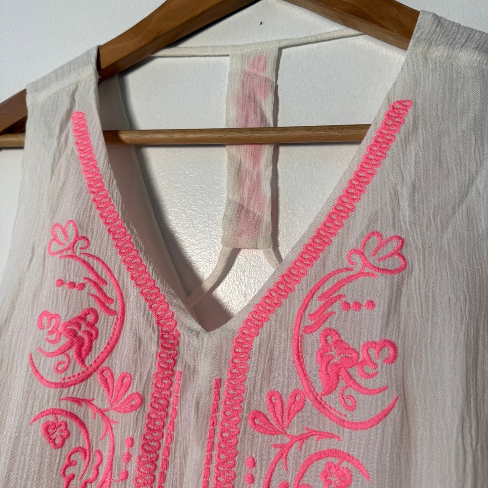 NEW Altar'd State En Creme White Neon Pink Embroidered T-Back Dress Sm Coachella - Picture 2 of 6